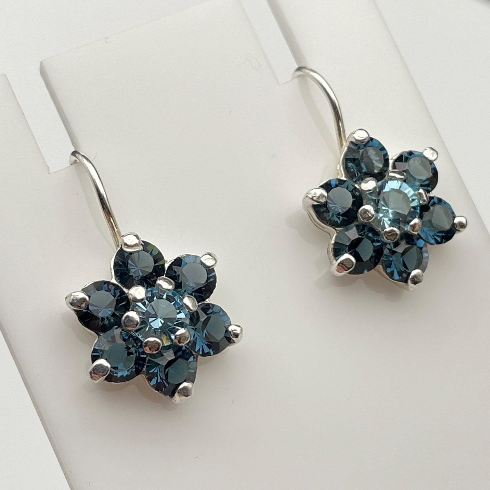 Sterling Silver Blue Topaz Color CZ Petite Flower Drop Earrings Elegant Dainty - Picture 6 of 7